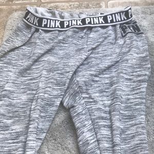 Pink sweats, small stain on knee